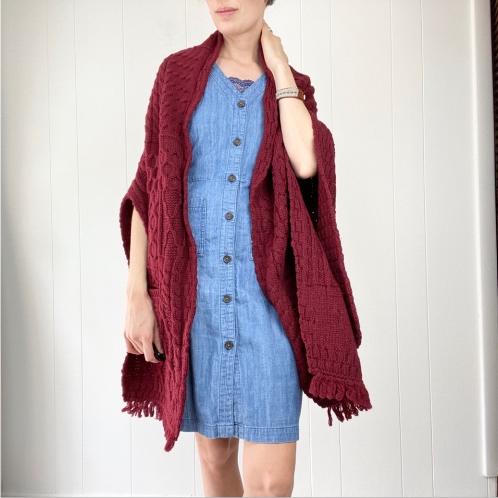Connemara Knitwear Wool Cape Shawl Wrap Burgundy